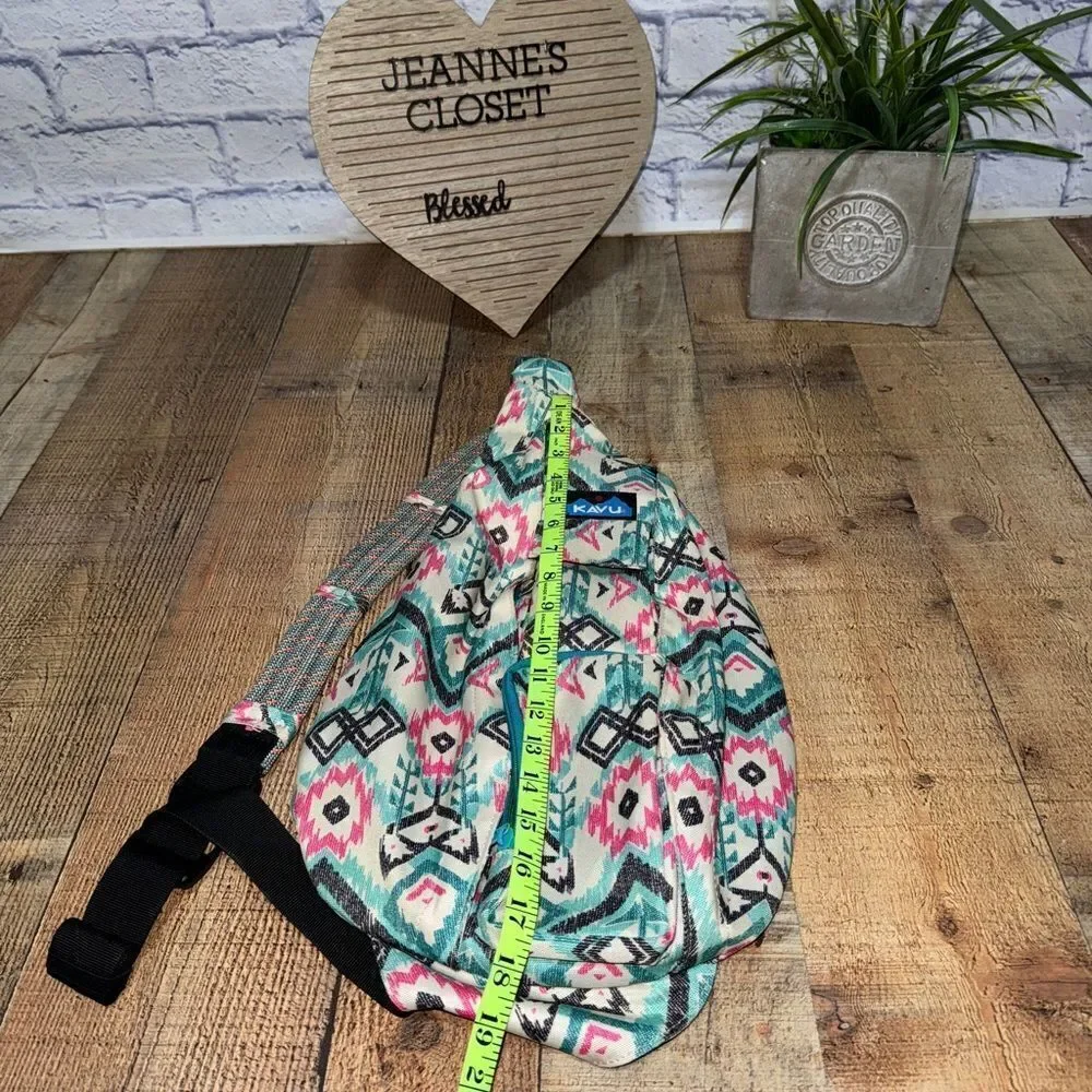 Kavu Rope Crossbody Sling Bag Aztec Southwestern Geometric Teal/Pink/Black